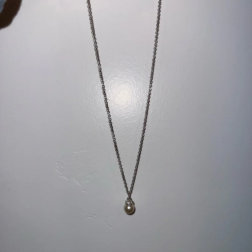 Charming Charlie Silver Pearl Diamond Encrusted Necklace - Picture 2 of 3